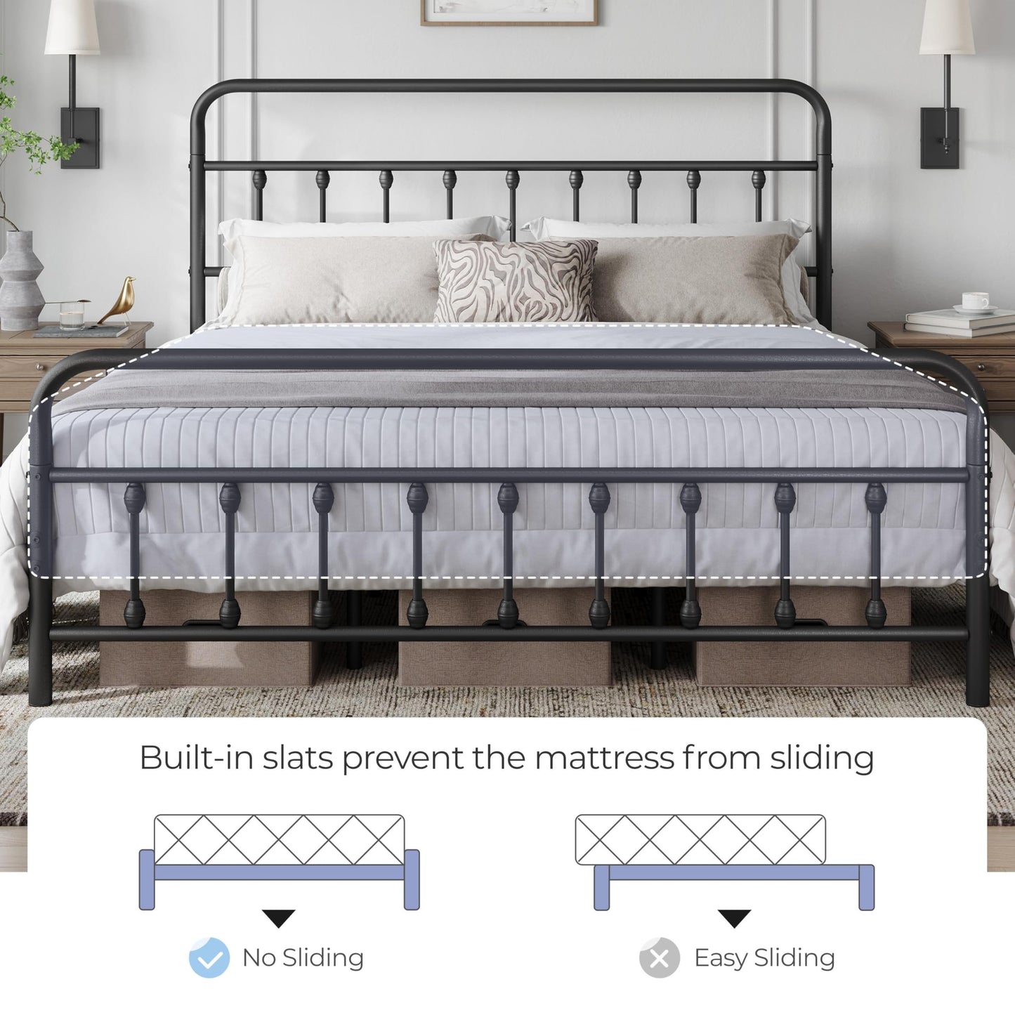 Yaheetech Classic Metal Platform Bed Frame Mattress Foundation with Victorian Style Iron-Art Headboard/Footboard/Under Bed Storage/No Box Spring Needed/California King Size Black