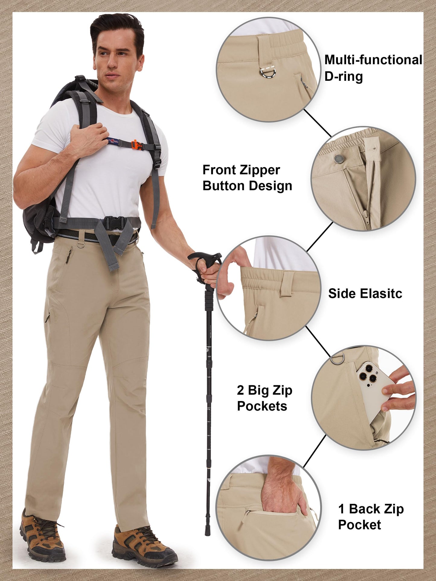 SEVEGO 30"/32"/34"/36"/38" Inseam Men's Tall Hiking Pants Quick Dry Outdoor Waterproof Fishing Cargo Pants with 5 Pockets 36"，Khaki，XXL