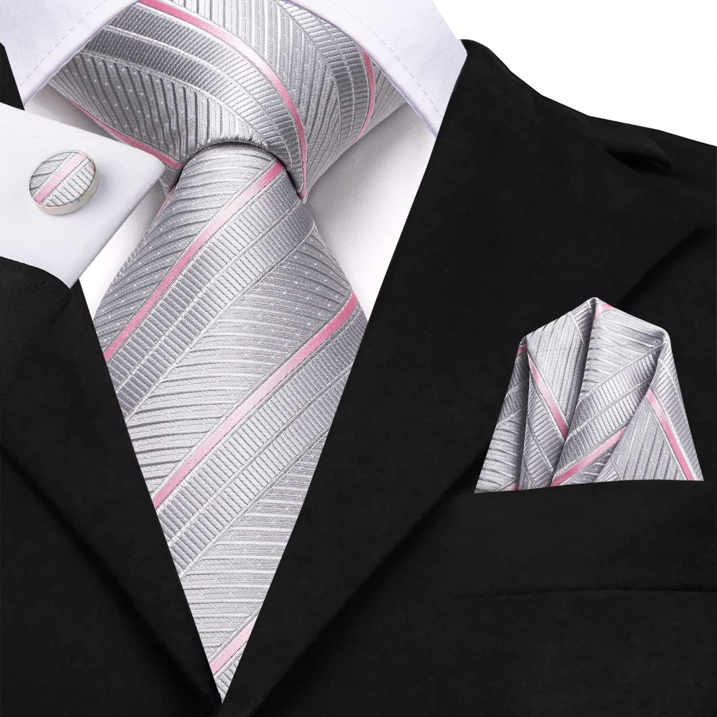 Hi-Tie Silver Ties for Men 70''Silk Extra Long Men's Ties Set Striped Necktie and Pocket Square Cufflinks for Business