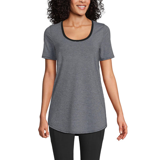 Lands' End Women's Tall Women's Short Sleeve Power Performance Scoop Neck Curved Hem Tunic Tee Large Black Pinstripe