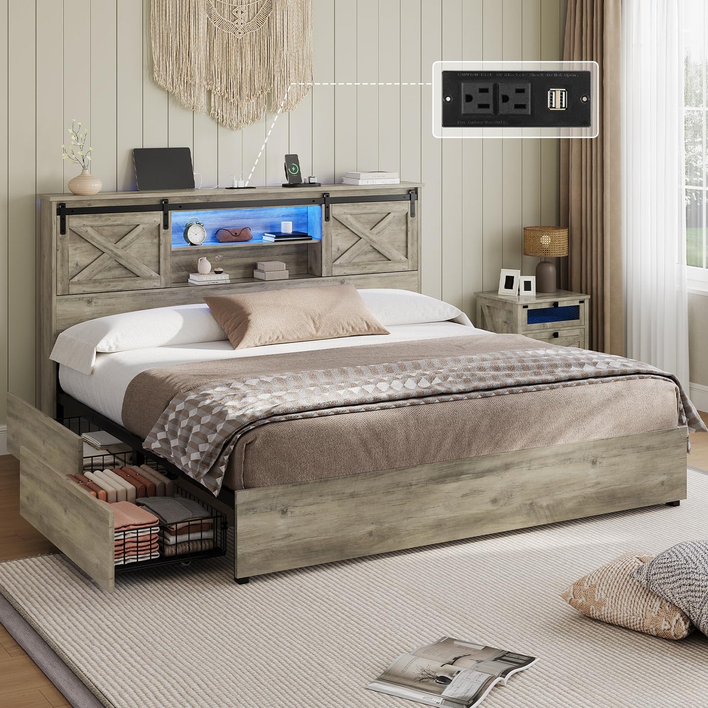 Hasuit Farmhouse Bed Frame California King Size with 4 Storage Drawers, Wooden Platform Cal King Beds with Charging Station and LED Lights, Rustic Bed with Storage Headboard and Sliding Barn Door