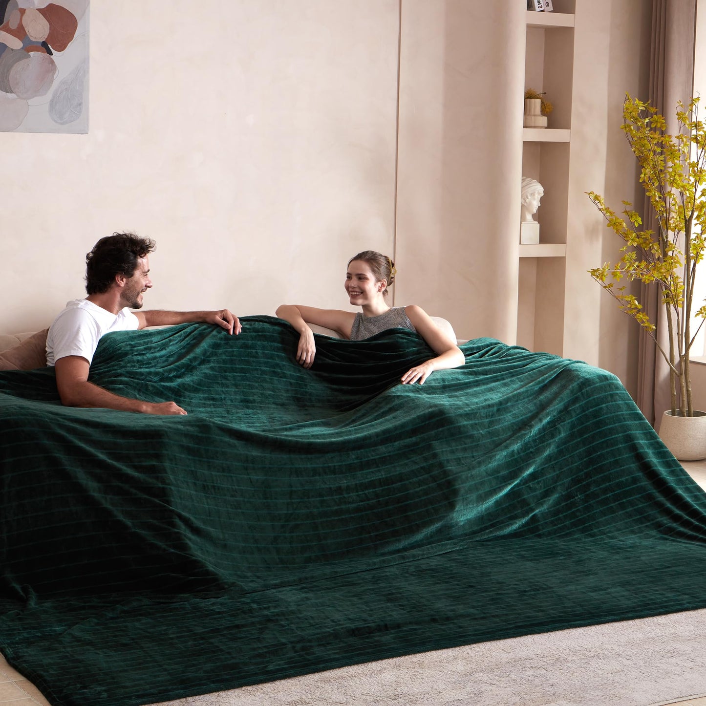 Serenhom Extra Large 120x120 Inch Giant Soft Cozy Fleece Blanket, Huge Oversized Seamless King 3D Jacquard Decorative California King Blanket for Bed, Couch, Travel - Striped Forest Green