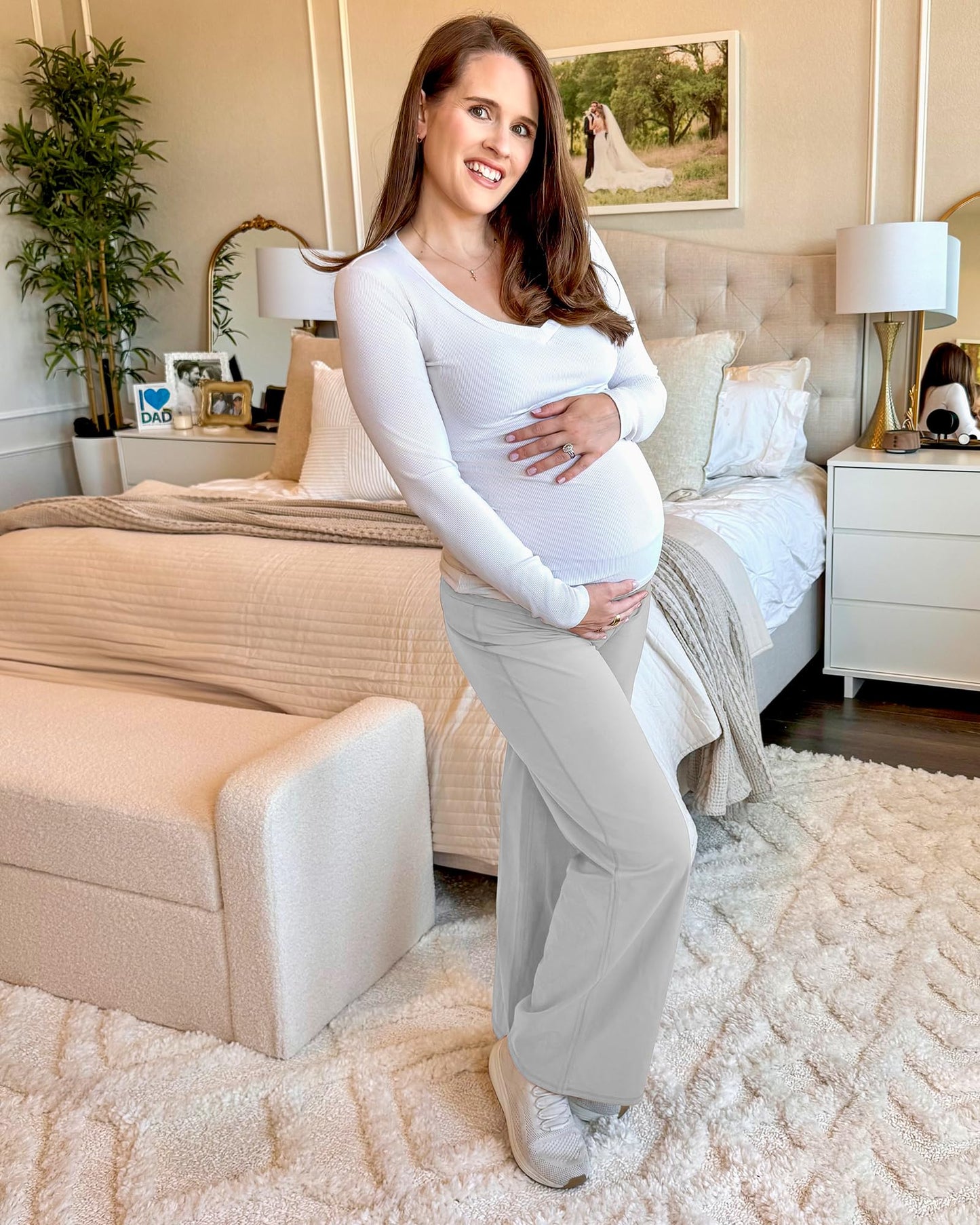 G4Free Maternity Yoga Pants Wide Leg Soft Pregnancy Clothes for Lounge Over The Belly Business Work Trousers Casual(Light Gray,XS,32")