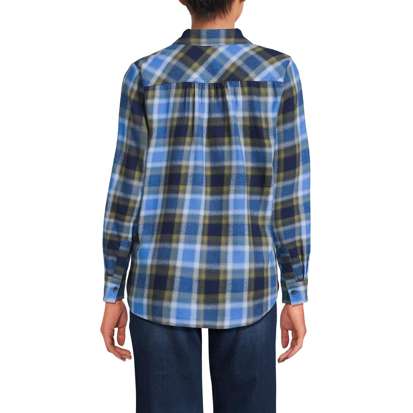 Lands' End Womens Flannel Boyfriend Long Sleeve Shirt Blue Vintage Plaid Tall Large