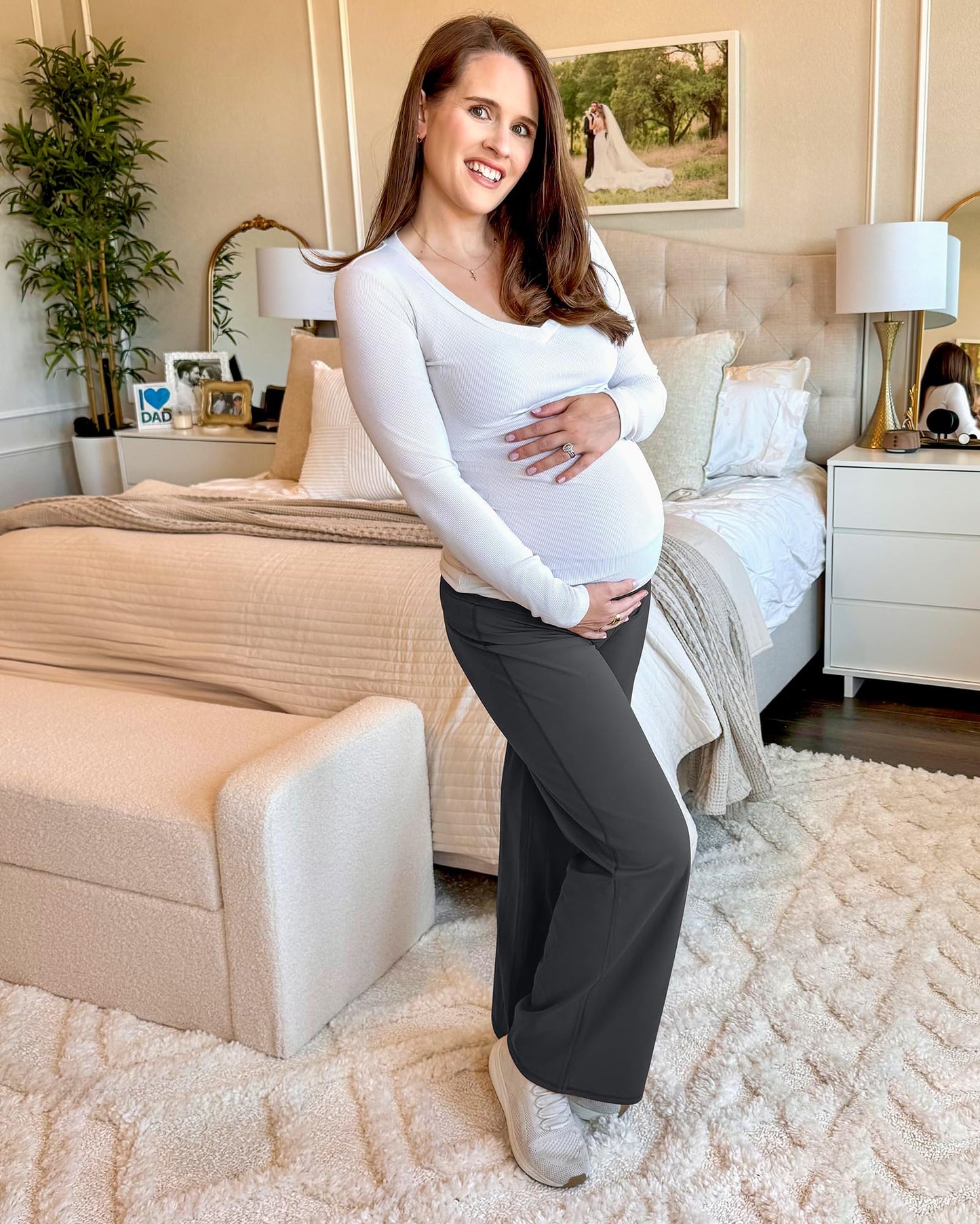 G4Free Woman Maternity Pants for Work Stretchy Yoga Trousers High Waist Athletic Pregnancy Pajama Pants Straight Leg Outfits(Dark Gray,XS,34")