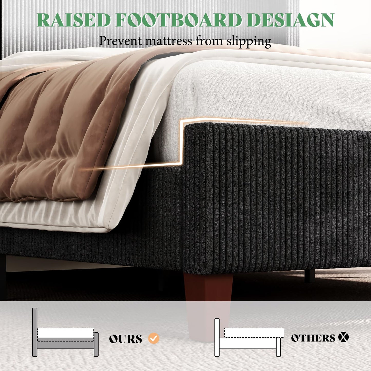 AMERLIFE California King Size Upholstered Bed Frame with 50.8" Tall Headboard, Wingback Platform Bed with Solid Wood Legs, Wooden Slats, Corduroy/No Box Spring Needed/Noise Free/Black