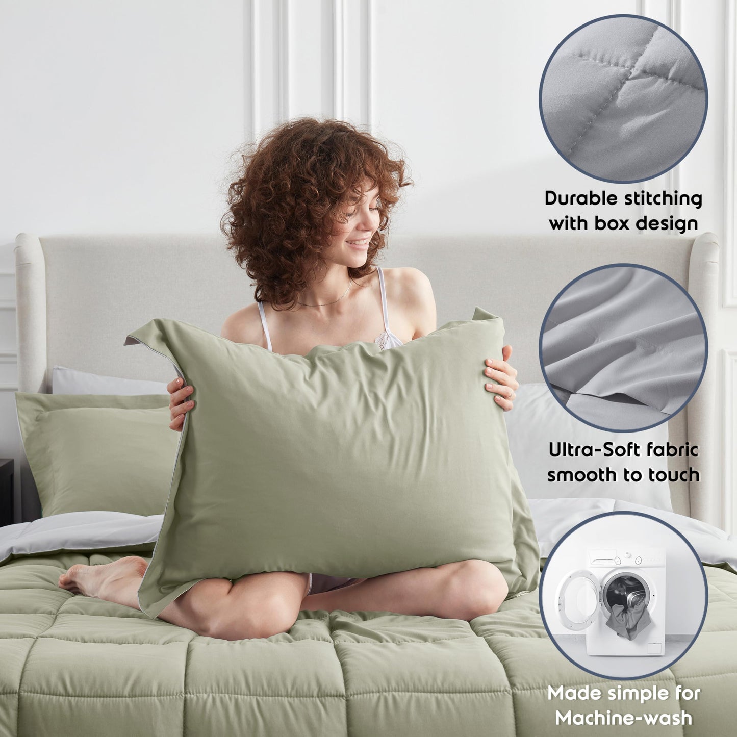 Nestl 7 Piece California King Comforter Set – Light Sage Reversible Bed in a Bag – Complete Cal King Size Bedding Set with Sheets, Pillowcases and Shams