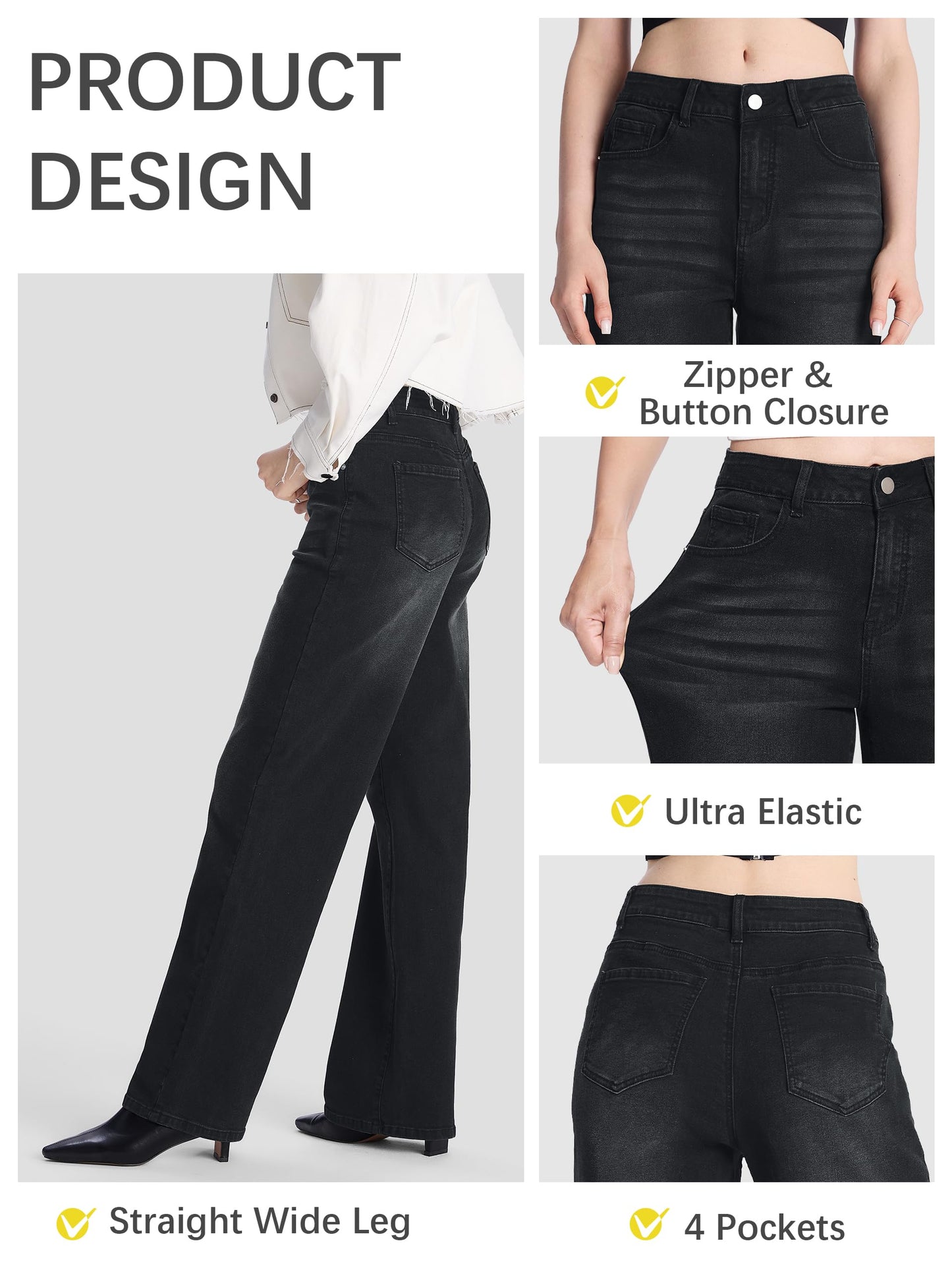 SEVEGO Women's 32"/34"/36" Tall Straight Leg Jeans Mid Waisted Stretchy Loose Denim Pants Casual Baggy Jean Trousers 36'', Black, M