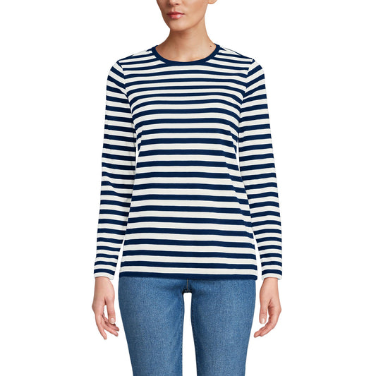 Lands' End Womens Long Sleeve Relaxed Supima Cotton Crew Neck T Shirt Deep Sea Navy Even Stripe Tall Large