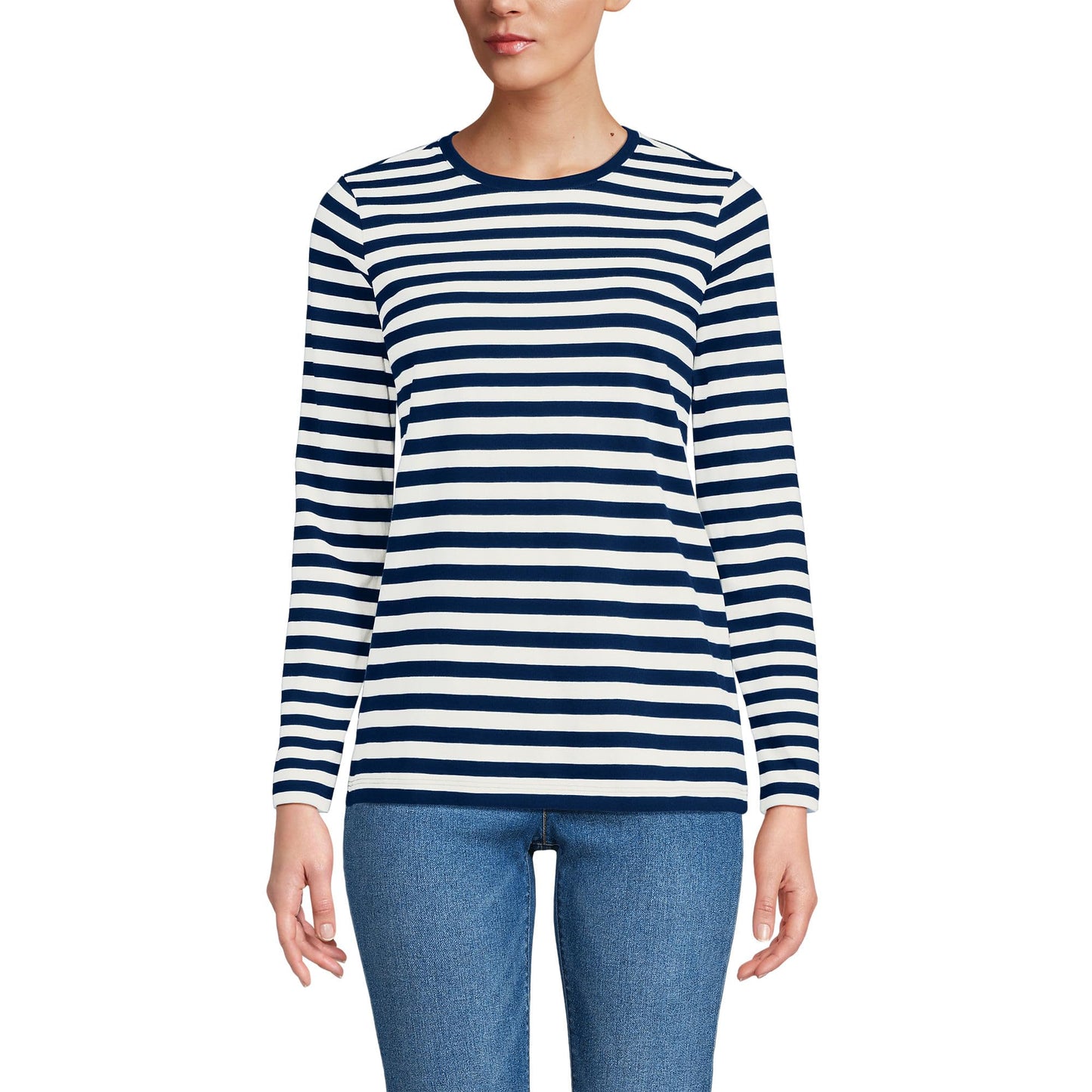 Lands' End Womens Long Sleeve Relaxed Supima Cotton Crew Neck T Shirt Deep Sea Navy Even Stripe Tall Medium