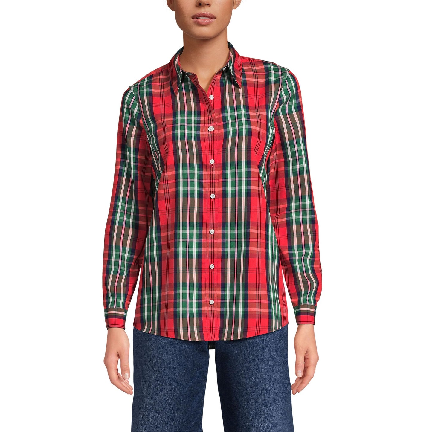 Lands' End Womens LS No Iron Button Front Shirt Compass Red/Emerald Plaid Tall 10