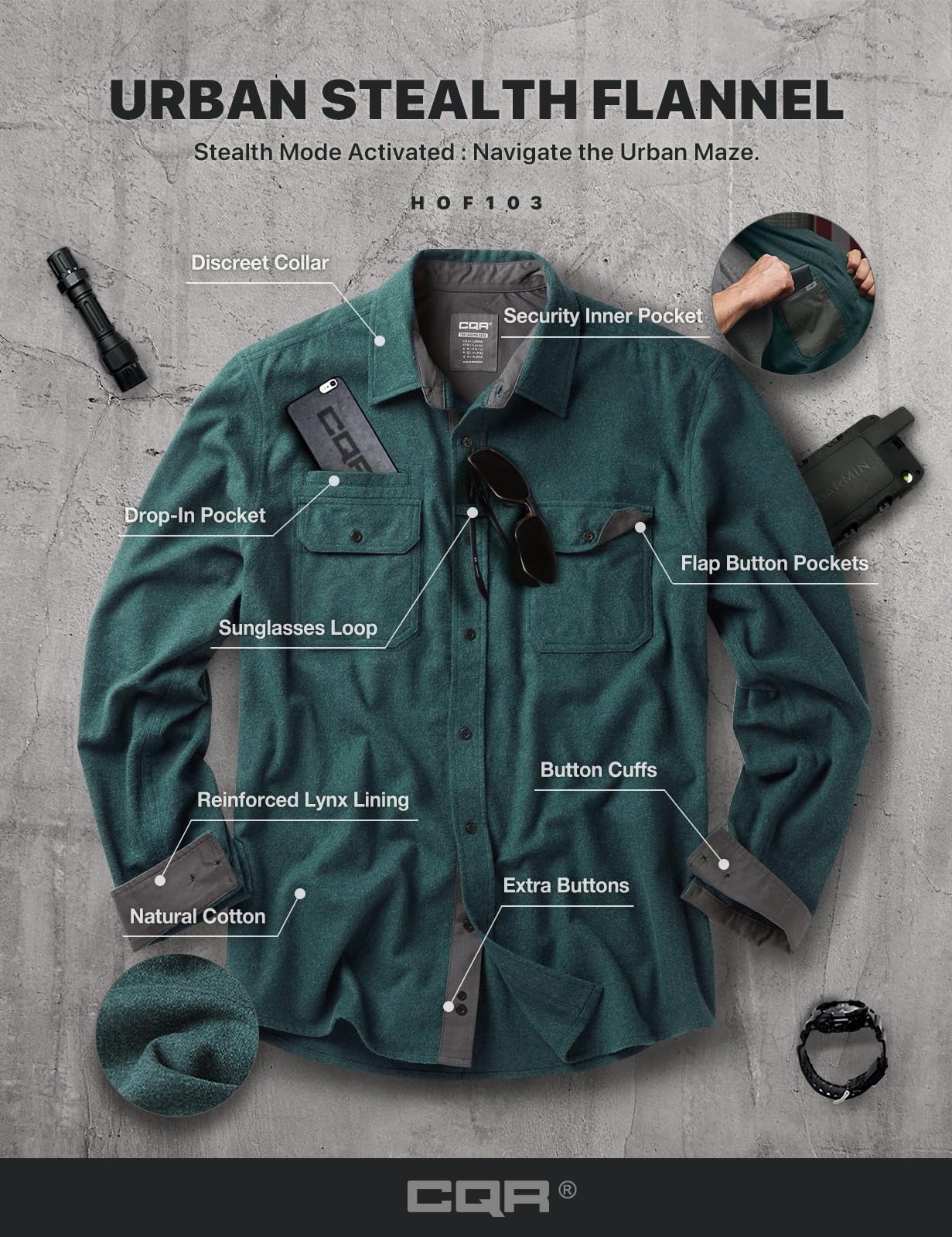 CQR Men's Flannel Button Down Shirts, Soft Cotton Plaid Long Sleeve Tactical Work Shirt, Warm Outdoor Essential with Pocket, Stealth Forest Green, XX-Large Tall