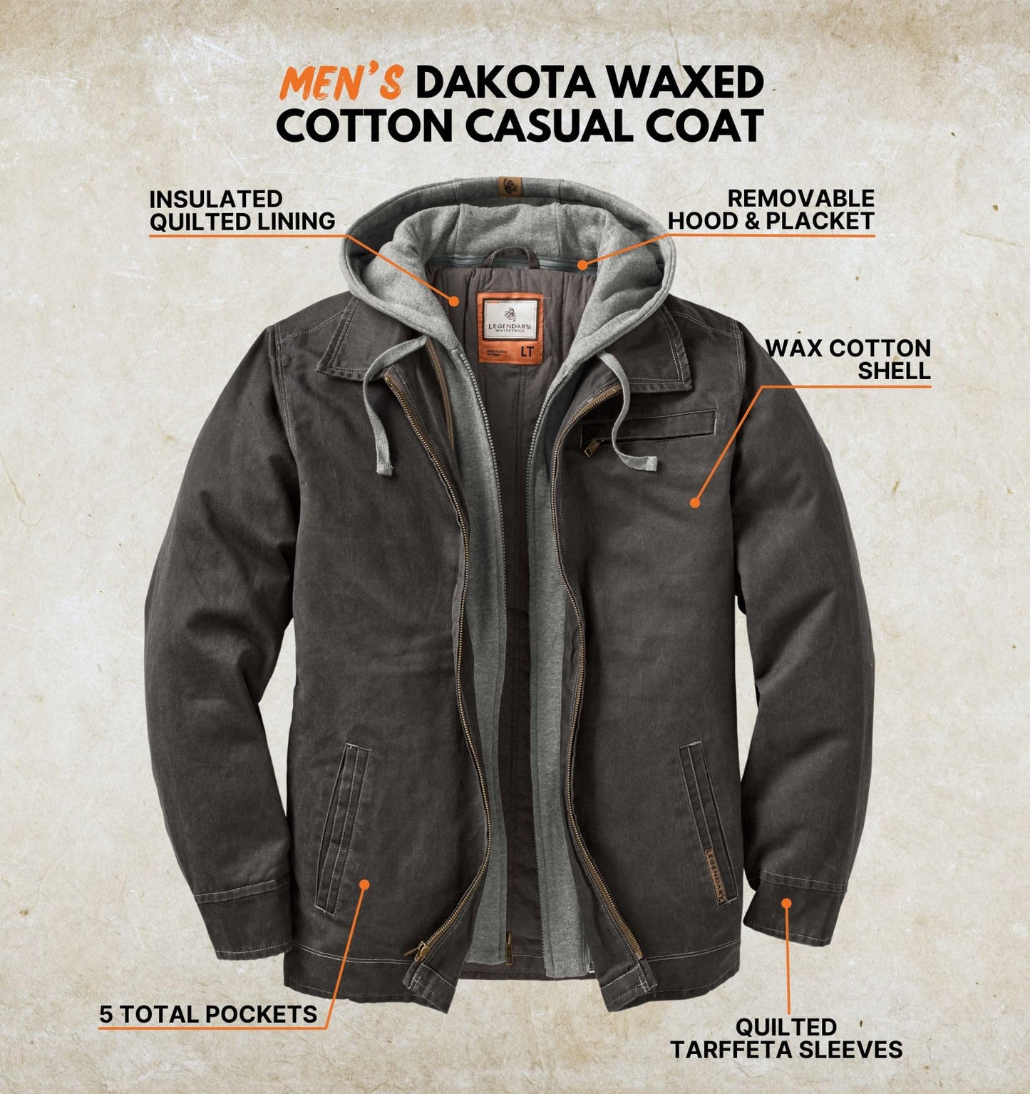 Legendary Whitetails Men's Casual Coat with Hood Waxed Cotton Water Resistant, Tarmac, X-Large Tall