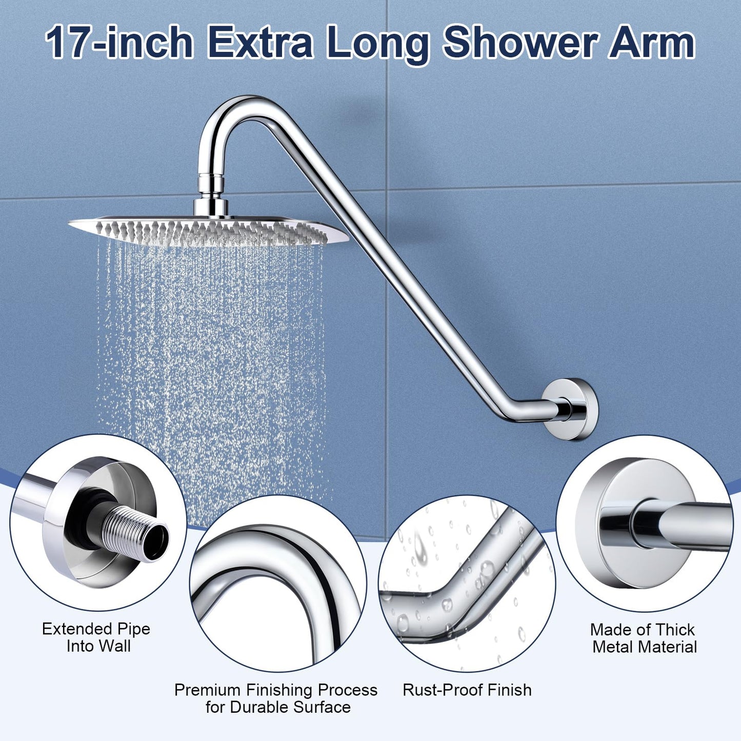 Shower Head Extension Arm with Flange Uvish 17" S Shaped Shower Head Riser Pipe, Stainless Steel High Rise Extra Long Goose Neck Shower Extender Arm, Standard 1/2" Connection, Brushed Nickle