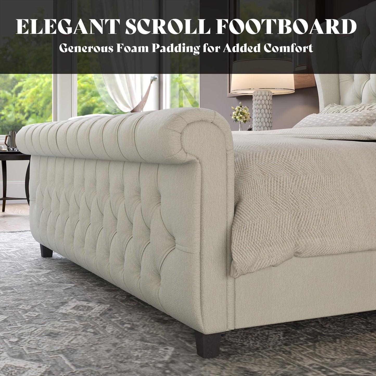 AMERLIFE California King Size Platform Bed Frame, Velvet Upholstered Sleigh Bed with Scroll Wingback Headboard & Footboard/Button Tufted/No Box Spring Required/Cream