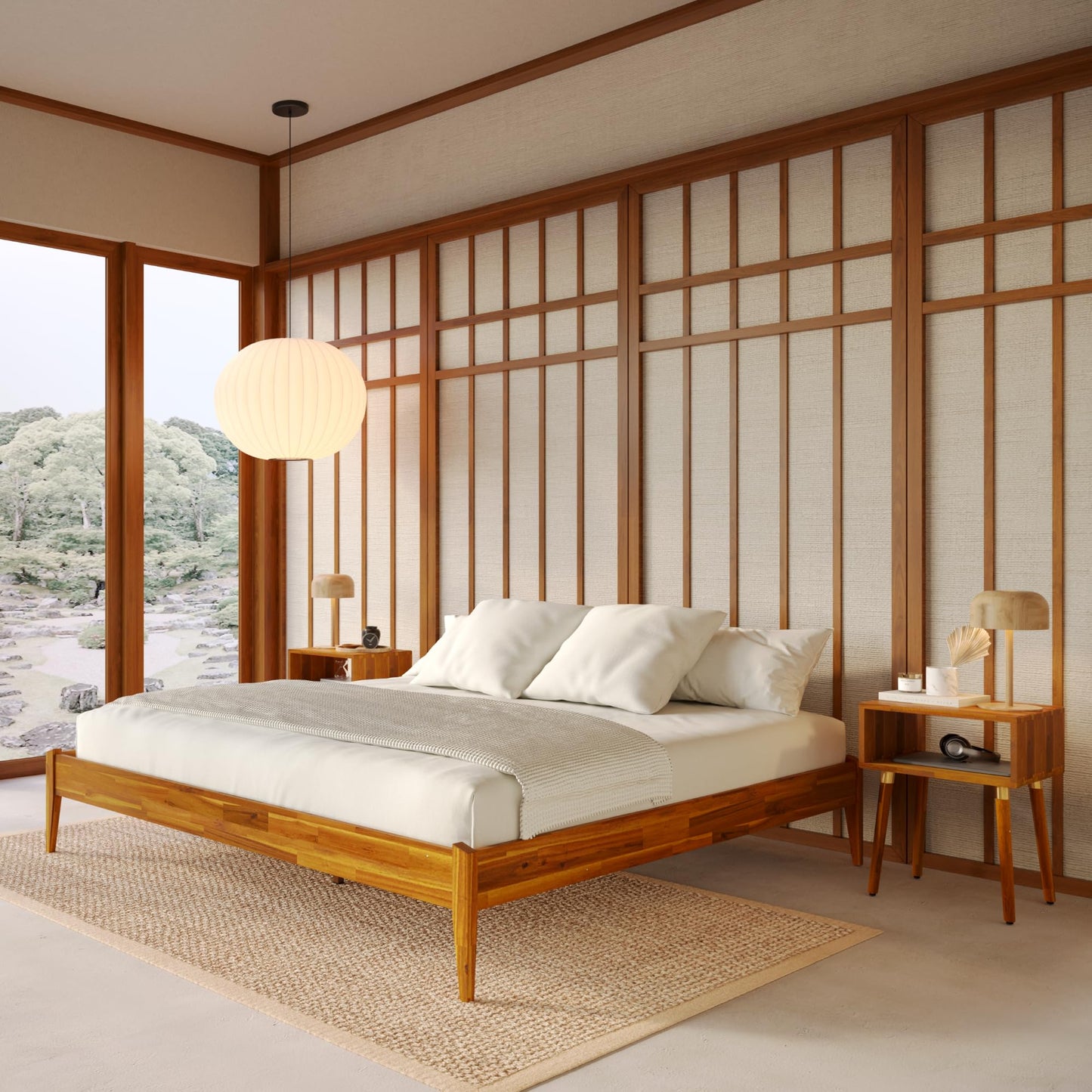 Bme Dinkee King Bed Frame Wood 15 Inch - Solid Wood Platform Bed Frame - Japanese Joinery Bed - Modern & Minimalist Style - Wood Slat Support - Easy Assembly - No Box Spring Needed - Caramel