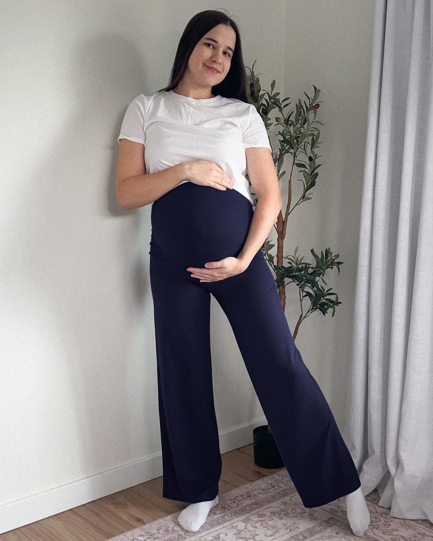 G4Free Maternity Work Pants Yoga Wide Leg Pregnancy Clothes Over The Belly Lounge Slacks Dress Work Trousers (Royal Blue,XXL,32")