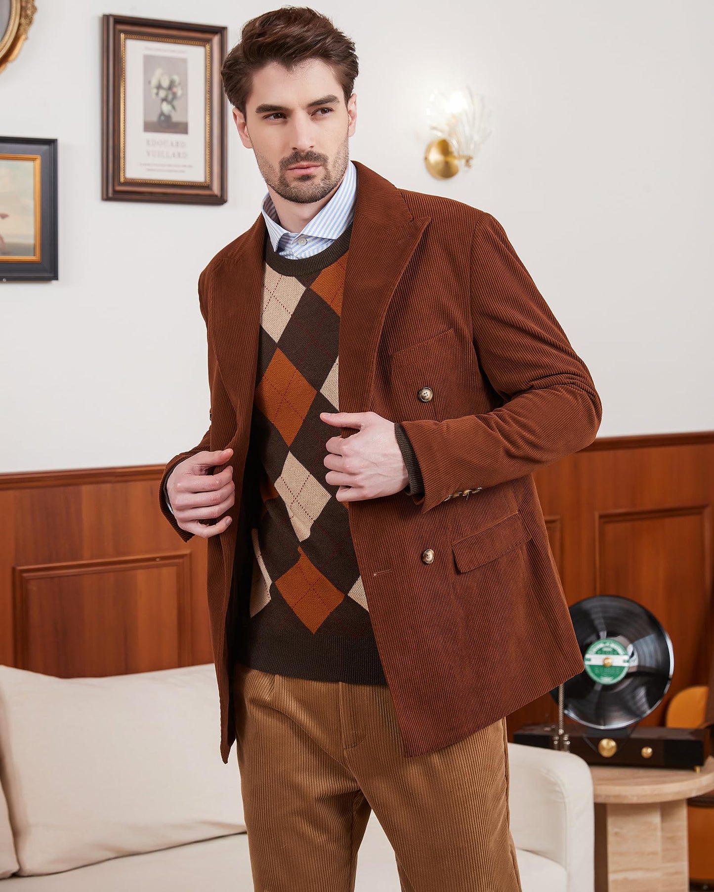 Kallspin Men's Wool Blend Crewneck Sweater Argyle Long Sleeve Pullover Sweater for Casual Or Dressy Wear(Brown,L-Tall)