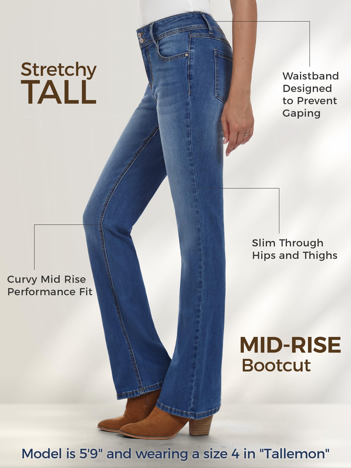 Tallemon Tall Women's Bootcut Jeans Curvy Mid-Rise Stretchy Denim Pants Classic Bell Bottom Trouser,34",Blue,6