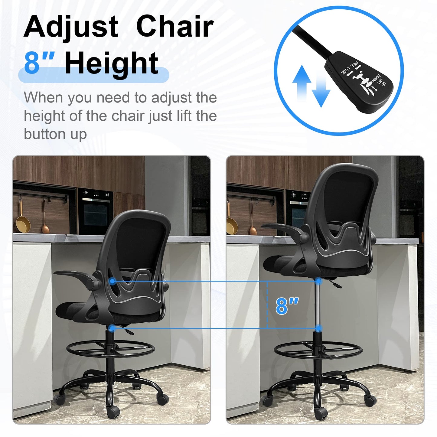 Tall Office Chair with Flip-up Armrests (20" - 28" seat height) - Ergonomic Computer Chair with Lumbar Support