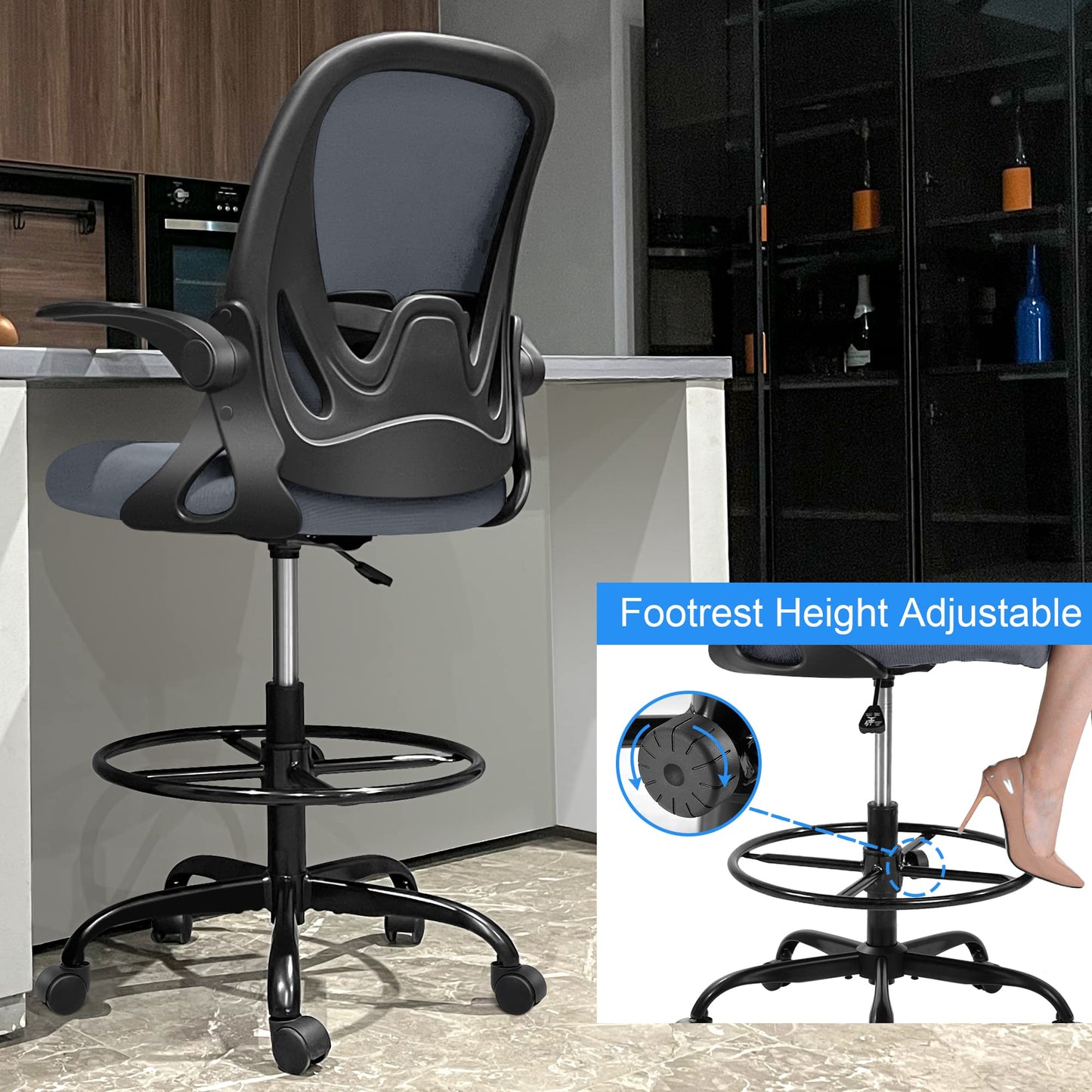 Primy Drafting Chair Tall Office Chair with Flip-up Armrests Executive Ergonomic Computer Standing Desk Chair with Lumbar Support and Adjustable Footrest Ring（Dark Gray）
