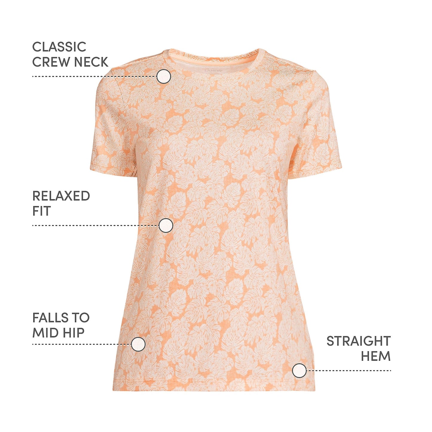 Lands' End Womens Short Sleeve Relaxed Supima Cotton Crew Neck T Shirt Orange Mist Palm Leaves Tall Large