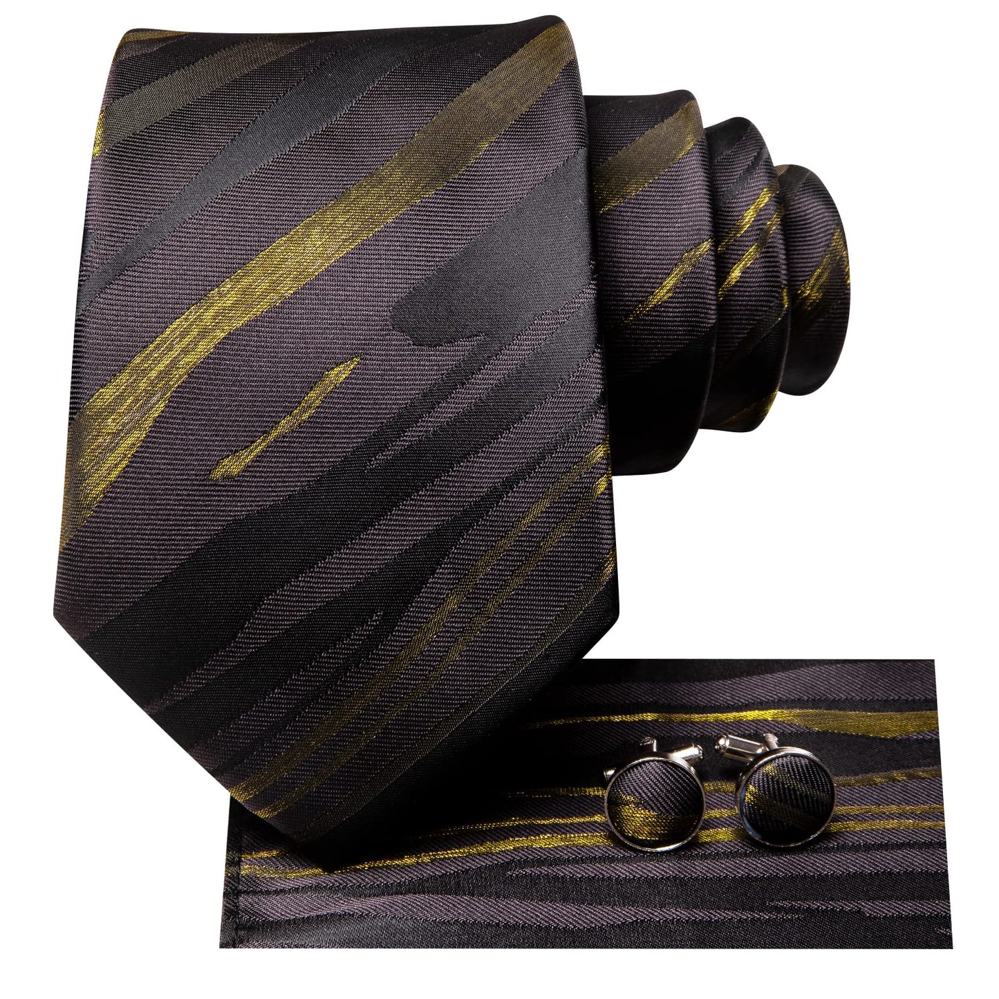 Hi-Tie Coffee Black Extra Long Ties for Men 70'' Silk Mens Ties Set Dress Necktie and Pocket Square Cufflink for Wedding