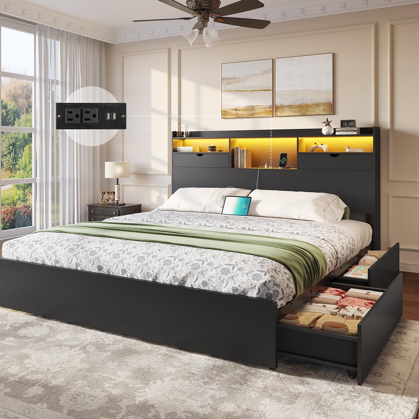 DICTAC California King Bed Frame with Bookcase Headboard and Storage, 4 Large Drawers, Wooden Platform Bed Frame with LED Lights, Charging Station, Strong Metal Slats, No Box Spring Required, No Noise
