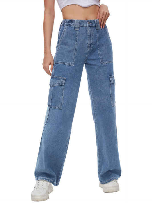 Tapata Women's 26"/28"/30"/32"/34" Cargo Jeans Straight Leg Short Petite Regular Tall Denim Relaxed Y2K Pants Blue, M