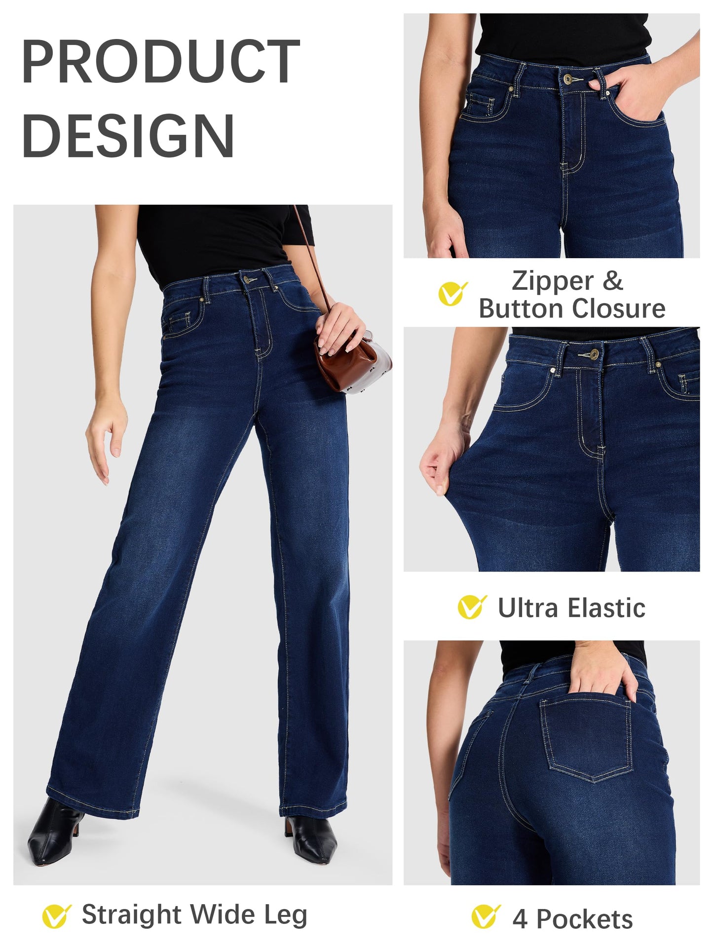 SEVEGO Women's 32"/34"/36" Tall Straight Leg Jeans Mid Waisted Stretchy Loose Denim Pants Casual Baggy Jean Trousers 34'', Dark Blue, L