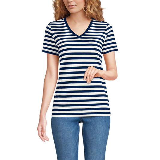 Lands' End Womens SS Relaxed Supima V Neck T Shirt Deep Sea Navy Even Stripe Tall Medium