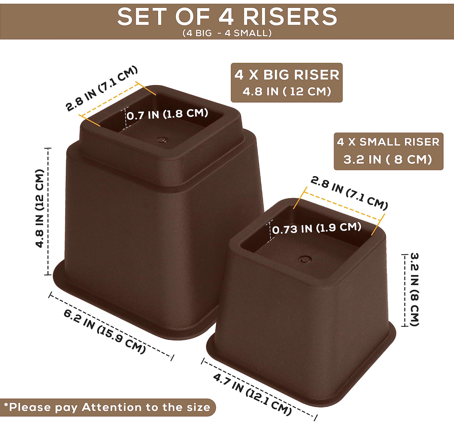 Utopia Bedding Adjustable Bed Furniture Risers - Elevation in Heights 3, 5 or 8 Inch Heavy Duty Risers for Beds and Under Bed Storage - Supports up to 1,300 lbs - (Set of 8 Riser, Brown)