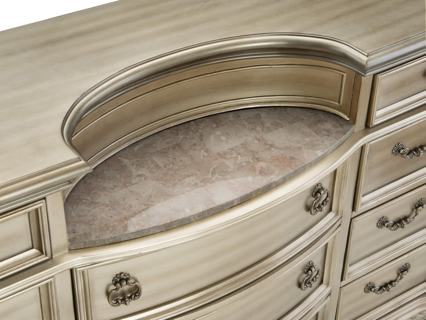 Classic Traditional Bedroom 4pc Set California King Size Upholstered Bed Silver Finish Marble Top Formal Wooden Furniture