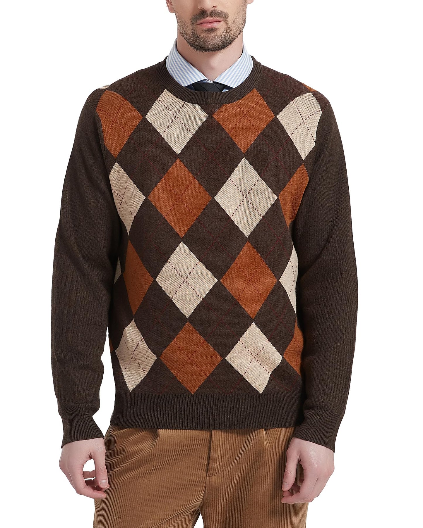 Kallspin Men's Wool Blend Crewneck Sweater Argyle Long Sleeve Pullover Sweater for Casual Or Dressy Wear(Brown,L-Tall)