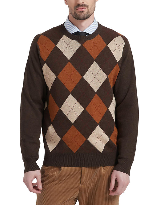 Kallspin Men's Wool Blend Crewneck Sweater Argyle Long Sleeve Pullover Sweater for Casual Or Dressy Wear(Brown,L-Tall)