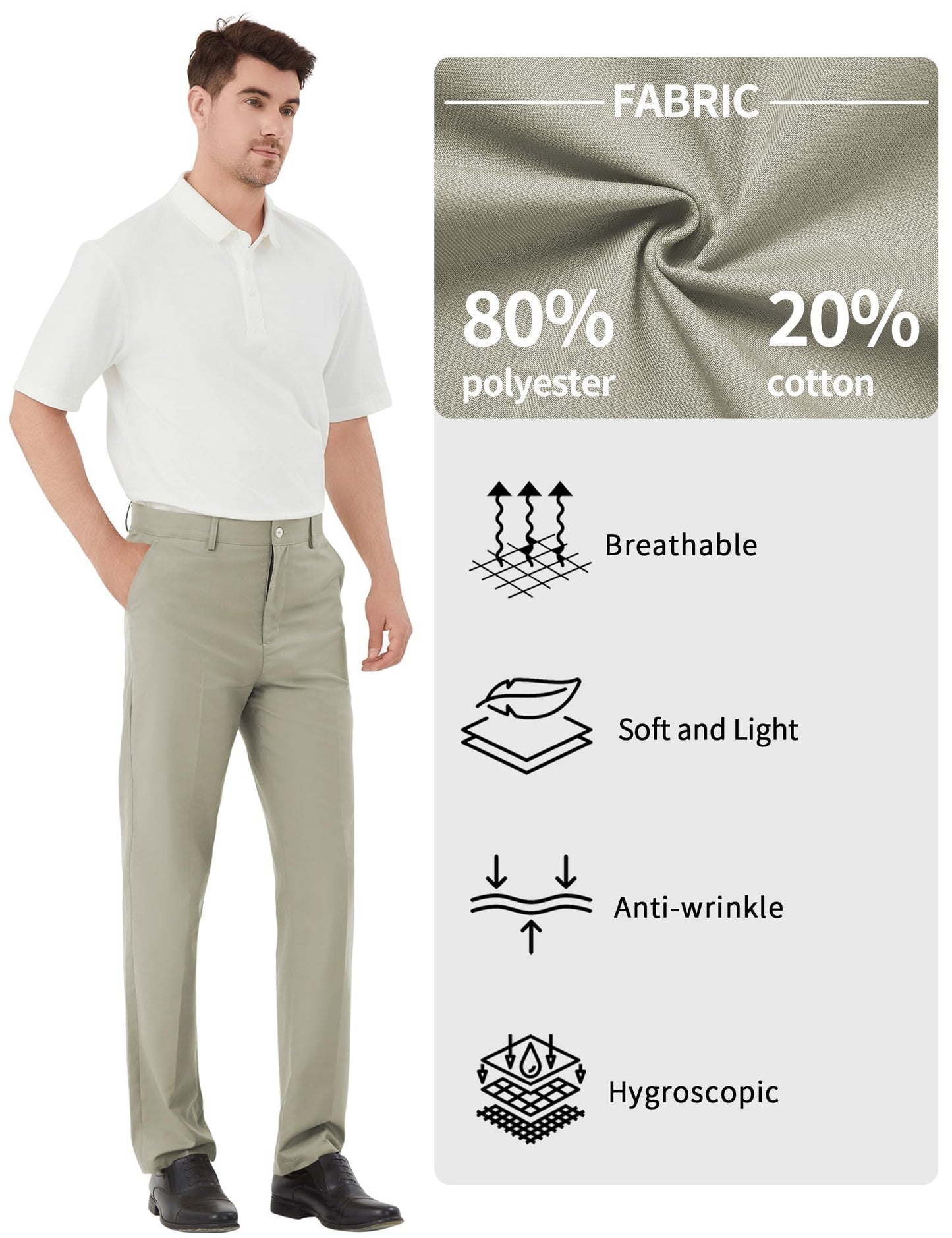 Men's Tall Classic Fit Flex Flat Front Dress Pants Formal Pants for Business & Office Oatmeal