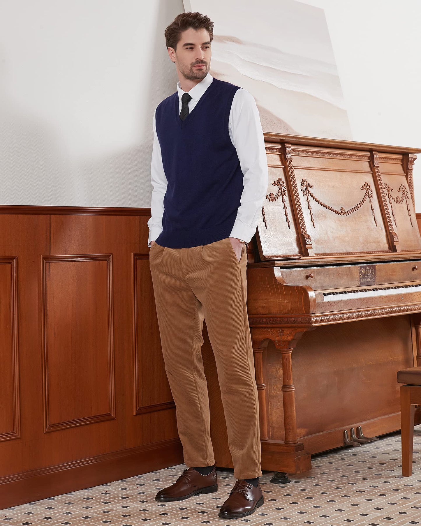 Kallspin Men's Big & Tall Wool Blended Vest Sweater Relaxed Fit V Neck Sleeveless Knitted Pullover (Navy Blue XL-Tall)