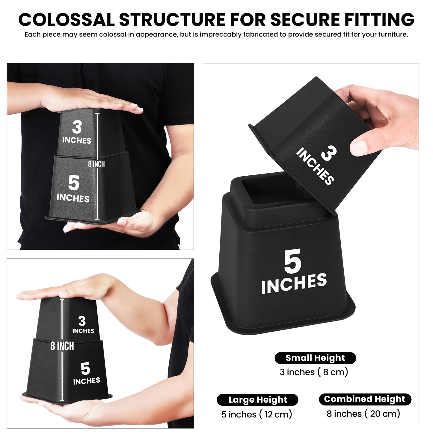 Utopia Bedding - Adjustable Bed Risers 3, 5, 8 Inch – Heavy Duty Furniture Riser Set of 4 for Beds, Couch & Desk – Under Bed Storage & Dorm Room Essential – Supports Up to 1,300 lbs – Black