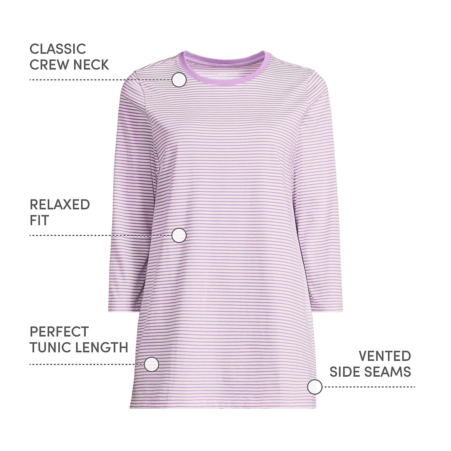 Lands' End Womens 3Q Cotton Supima Crew Neck Tunic Soft Orchid Micro Stripe Tall Medium