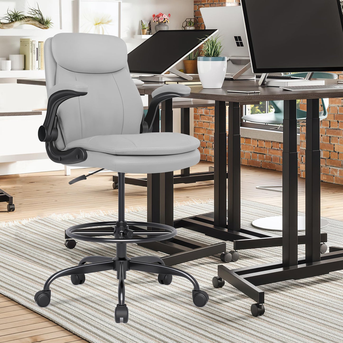 Misolant Leather Drafting Chair, Tall Office Chair for Standing Desk, High Executive Office Chair with Adjustable Height and Flip-up Armrest for Counter Height Desk