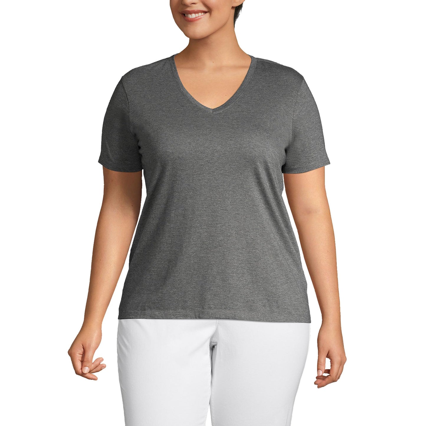 Lands' End Womens SS Relaxed Supima V Neck T Shirt Charcoal Heather Tall X-Large