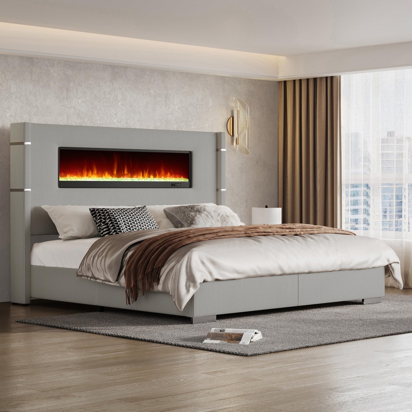 AMERLIFE Modern California King Size Bed Frame with Fireplace, Wingback Platform Bed Frame with 60.4“ Extra Tall Headboard, Corduroy Upholstered Bed Frame Wooden Slats/No Box Spring Needed, Greige