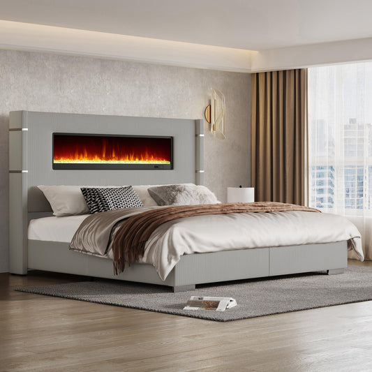 AMERLIFE Modern California King Size Bed Frame with Fireplace, Wingback Platform Bed Frame with 60.4“ Extra Tall Headboard, Corduroy Upholstered Bed Frame Wooden Slats/No Box Spring Needed, Greige