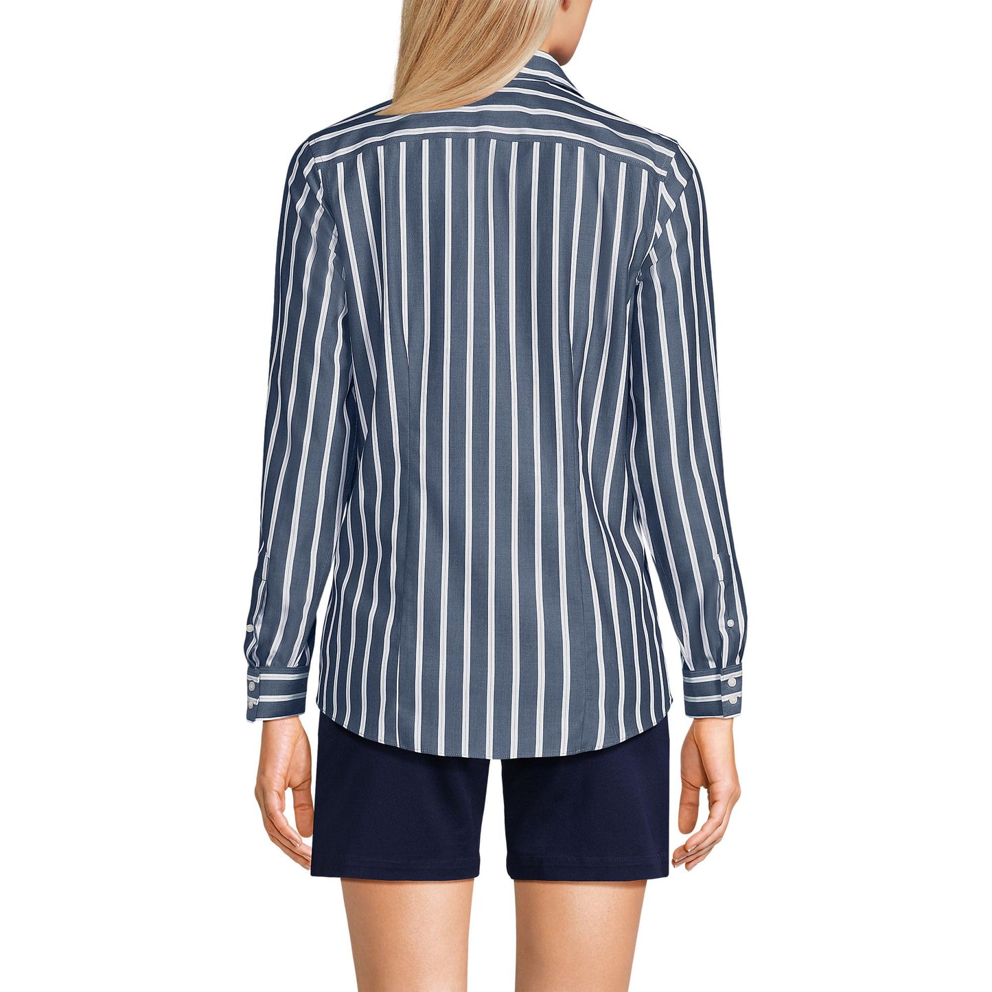 Lands' End Womens LS No Iron Button Front Shirt Navy/White Dual Stripe Tall 16