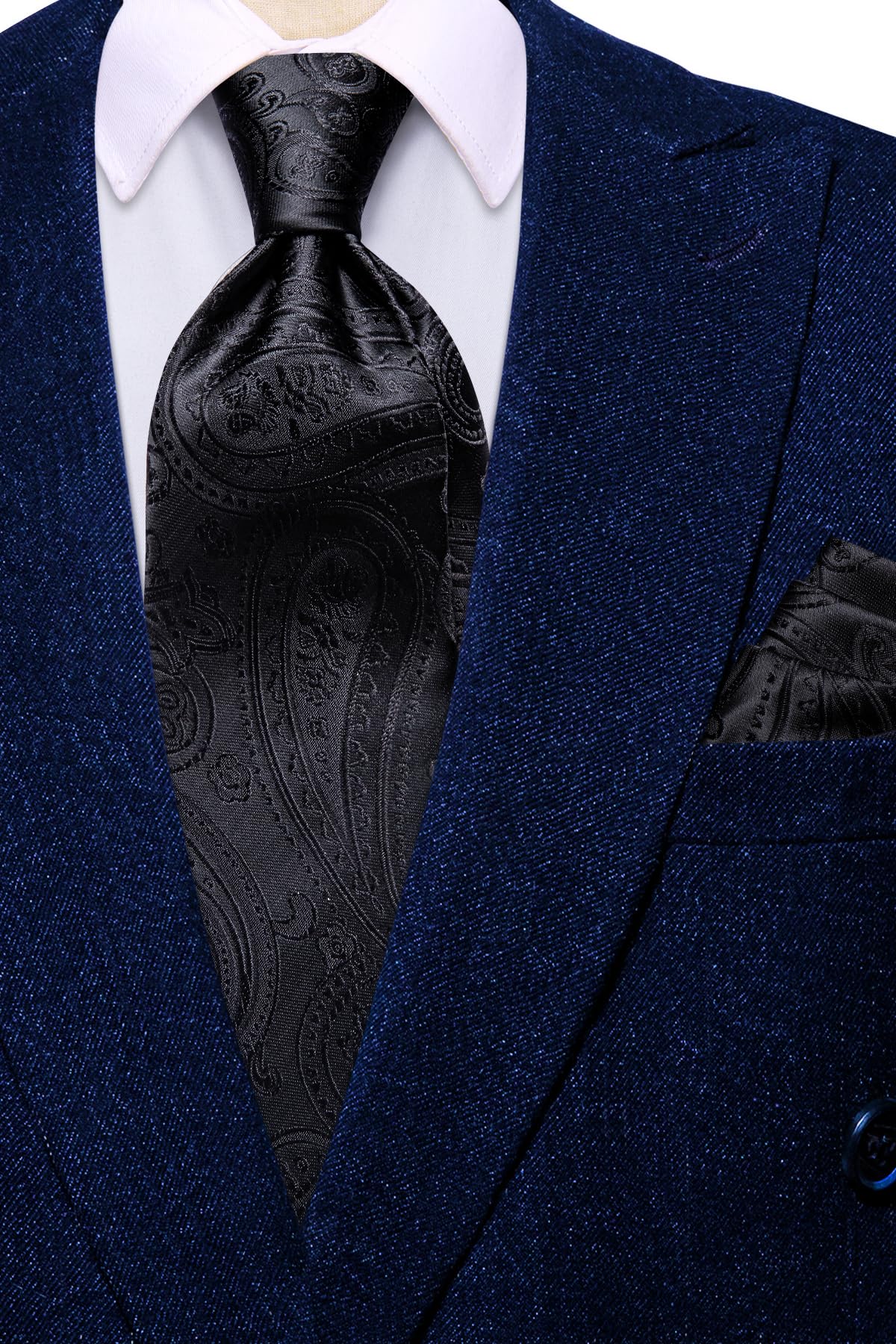 Hi-Tie 70''Black Ties for Men Extra Long Silk Paisley Mens Ties Set Dress Necktie and Pocket Square Cufflink for Funeral