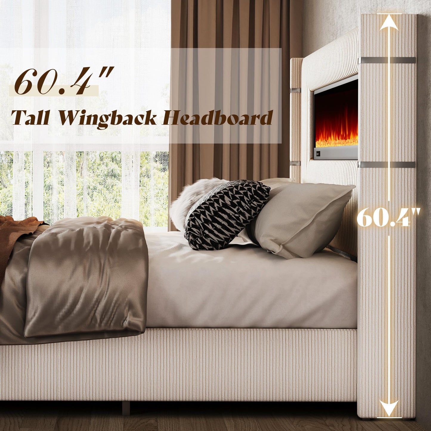 AMERLIFE Modern California King Size Bed Frame with Fireplace, Wingback Platform Bed Frame with 60.4“ Extra Tall Headboard, Corduroy Upholstered Bed Frame Wooden Slats/No Box Spring Needed, Beige