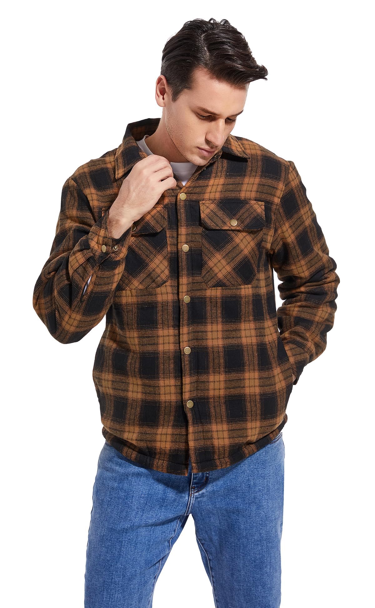 Puwasa Men's Sherpa Lined Cotton Flannel Shirt Jacket Plaid Button Up Jacket Coat for Men with Pocket Orange Large Tall