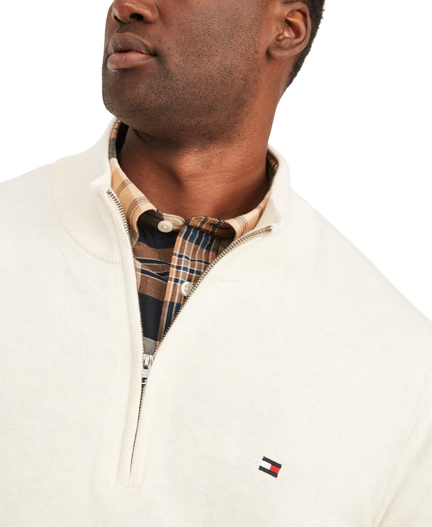 Tommy Hilfiger Men's Big and Tall Long Sleeve Cotton Quarter Zip Pullover Sweater, Snow White Heather, 2XL-Tall