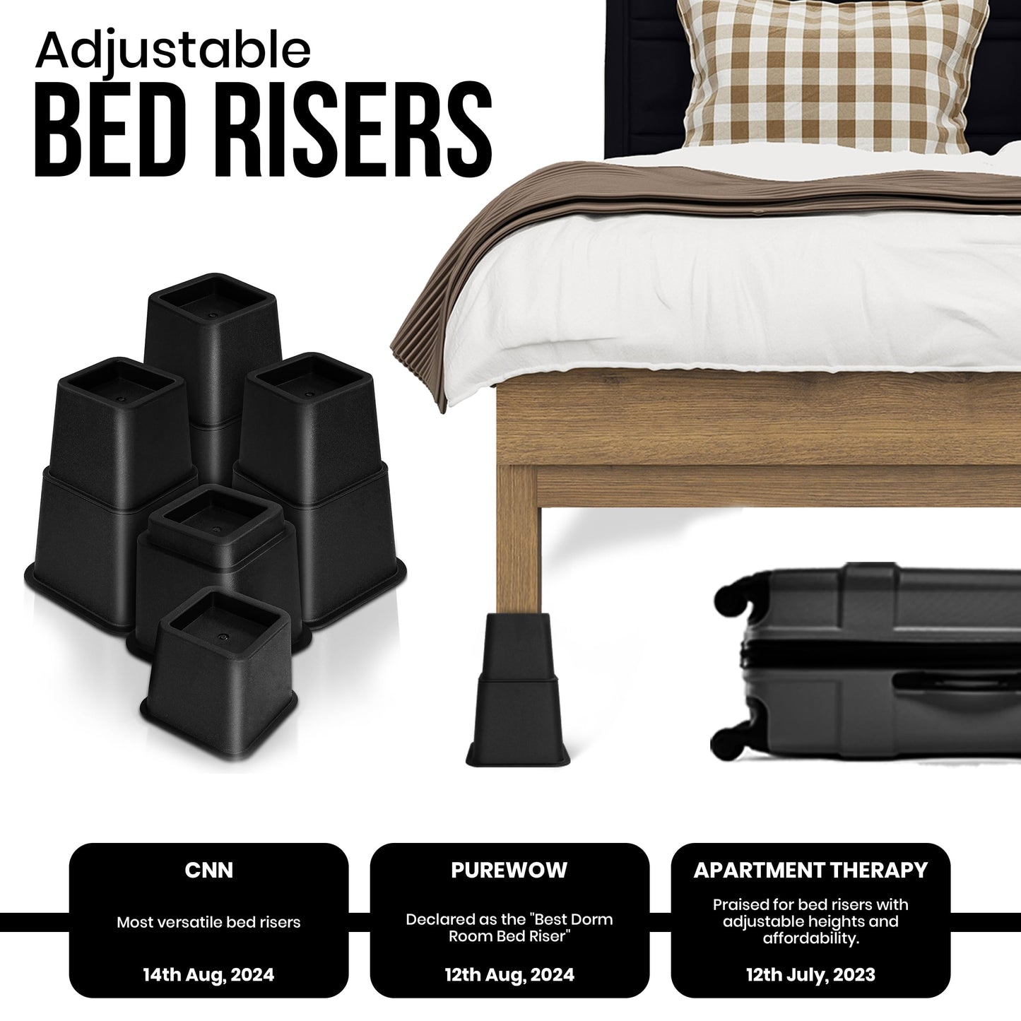 Utopia Bedding - Adjustable Bed Risers 3, 5, 8 Inch – Heavy Duty Furniture Riser Set of 4 for Beds, Couch & Desk – Under Bed Storage & Dorm Room Essential – Supports Up to 1,300 lbs – Black