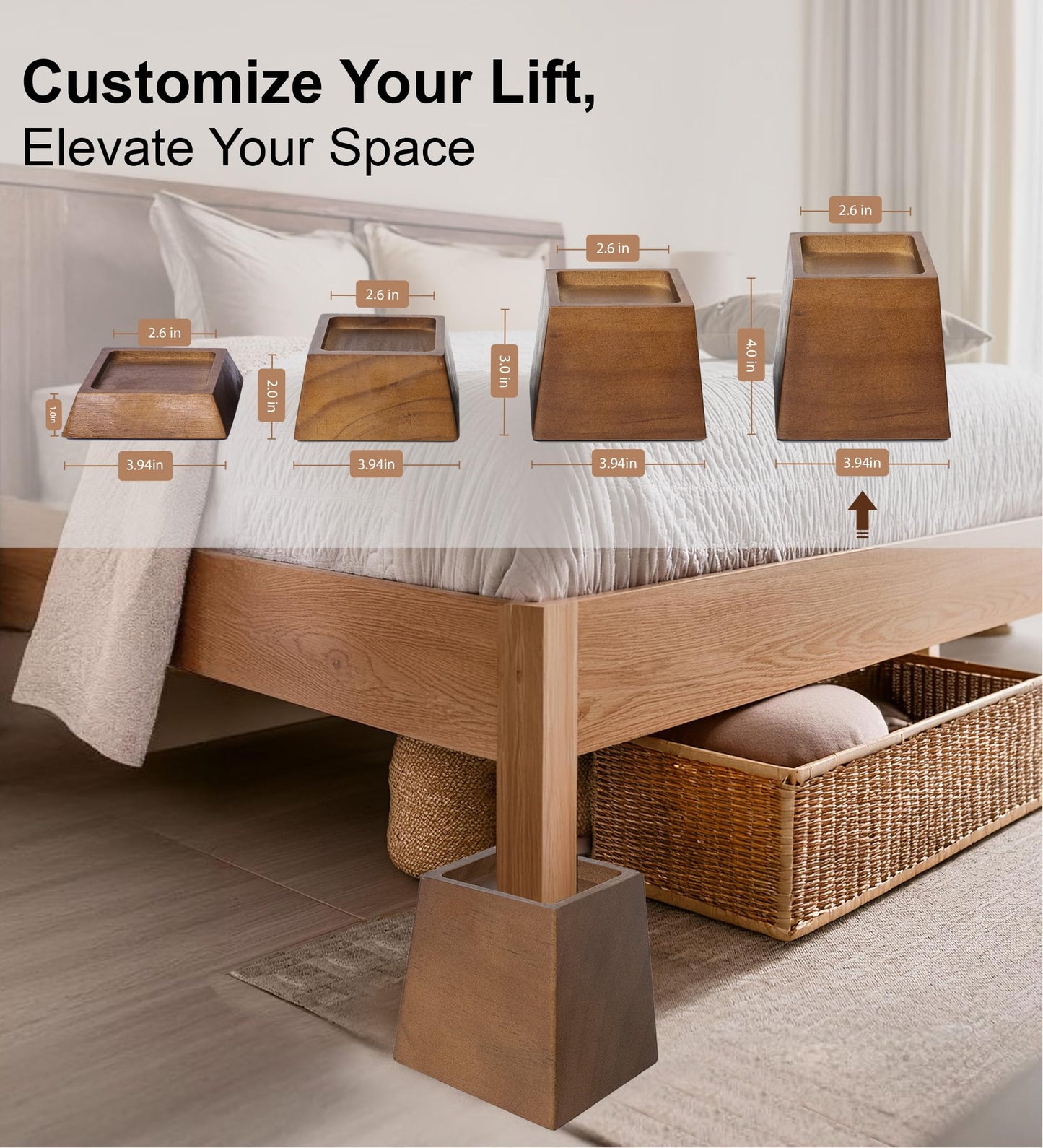 Lufia Wood Bed Risers 4 Inch, Premium Pine Furniture Risers - Sturdy, Stylish and Space Saving 4" Bed Lift for Sofa, Desk and More - 4-Pack (Brown Wood, 4 Inch)
